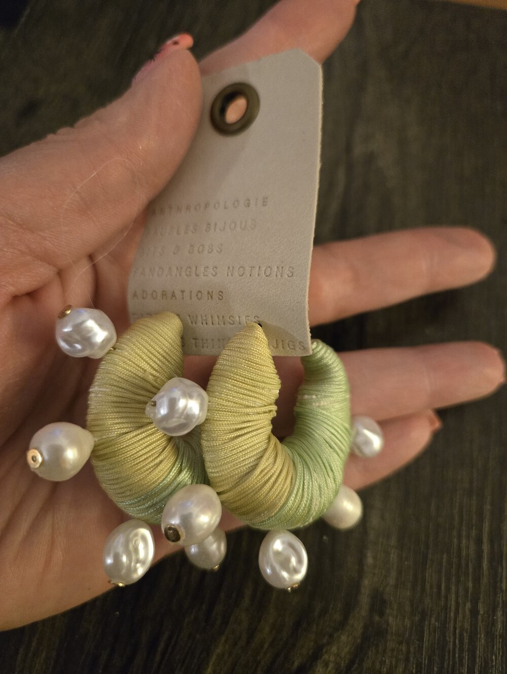 Anthropologie Light Green Silk-Wrapped Pearl Drop Earrings